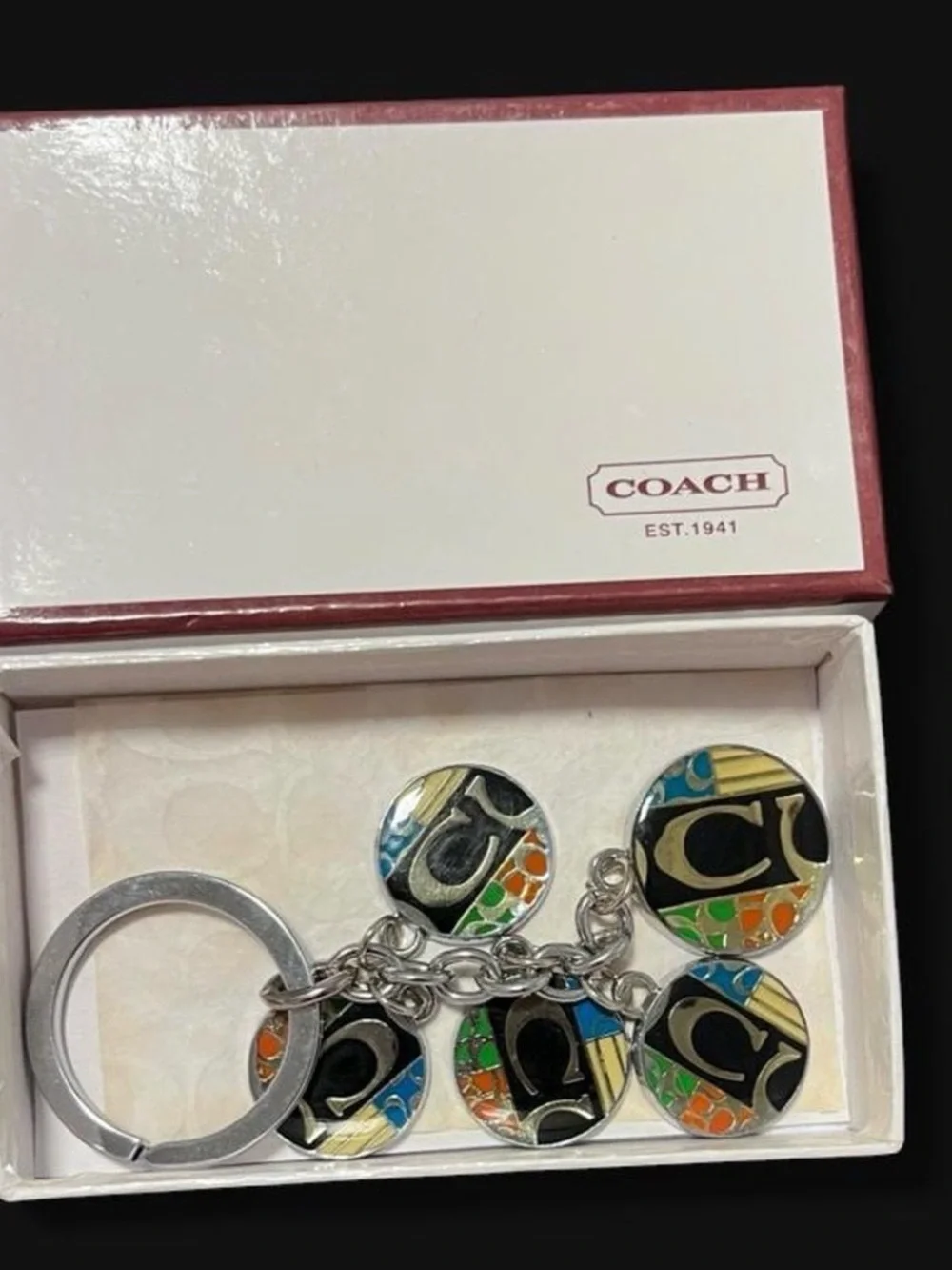Coach Multicolor Enamel Disc Keyring with Silver Hardware